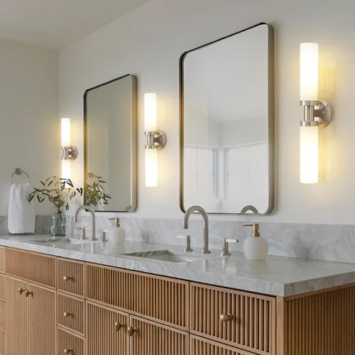 Vista 6 de SANTOSTOCK Lámparas de baño de níquel cepillado, 2 luces de tocador con pantalla de vidrio blanco, apliques modernos para pared, espejo, cocina