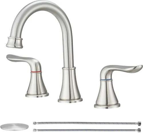 Vista 9 de GENBONS Grifos de baño para fregadero de 3 agujeros, 4 pulgadas, color negro mate con drenaje emergente y 2 mangueras de suministro, 2 manijas