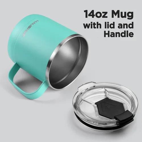 Vista 4 de HAUSHOF Taza de café de 14 onzas, taza de café aislada con asa, taza de viaje para camping, taza de café portátil de acero inoxidable, tazas de café
