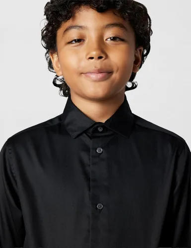 Vista 6 de Calvin Klein Boys' Long Sleeve Sateen Dress Shirt, Button-Down Style with Buttoned Cuffs & Shirttail Hem Negro