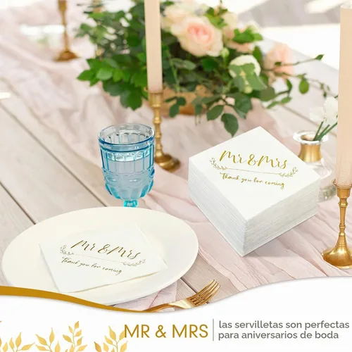 Vista 7 de Teling 200 servilletas de cóctel de boda, servilletas de papel de aluminio dorado, elegantes 3 Ply Mr and Mrs Desert Napkins, for Wedding