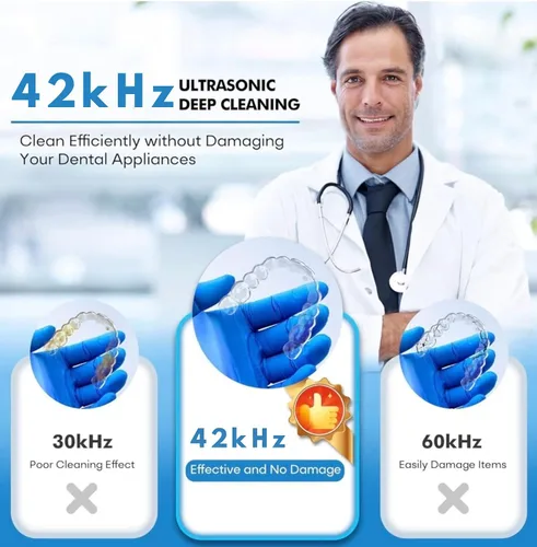 Vista 2 de Máquina limpiadora ultrasónica de retenedores – Limpiador dental de alta calidad de 42 kHz para dentaduras, retenedores, joyas y más – Tanque de 6.1