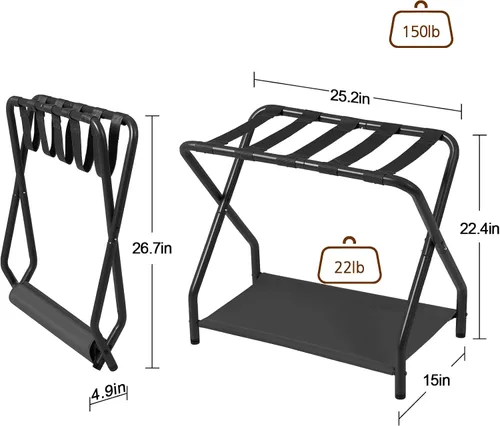 Vista 5 de AMHANCIBLE Portaequipajes, juego de 2, soportes plegables para maleta para habitación de invitados, soporte de equipaje de metal con estante