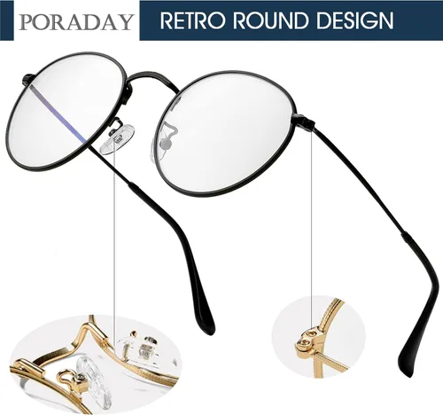 Vista 5 de PORADAY Lentes de bloqueo de luz azul para mujeres y hombres, marco de lentes de metal redondo retro 100% anti-luz azul