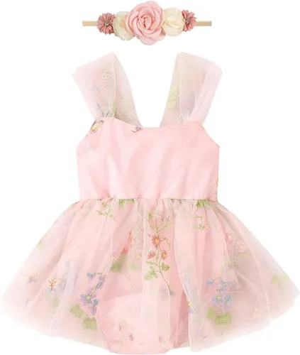 Vista 15 de IDOPIP Conjunto de 2 piezas para bebé recién nacido, con diadema, bordado de flores, tutú, princesa, fiesta de cumpleaños, conjunto de ropa