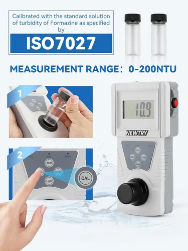Vista 3 de NEWTRY Medidor de turbidez, 0-200NTU Turbidímetro portátil de mano con soluciones de calibración, cumple con ISO7027, medidor de turbidez portátil