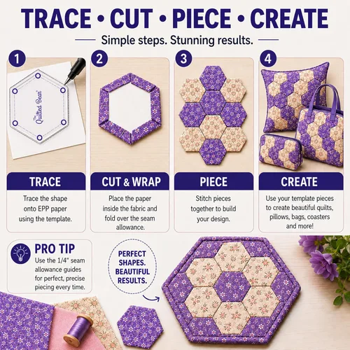 Vista 3 de Las plantillas de acolchado hexagonal de The Quilted Bear – 8 plantillas de acolchado de acrílico transparente antideslizante para corte preciso