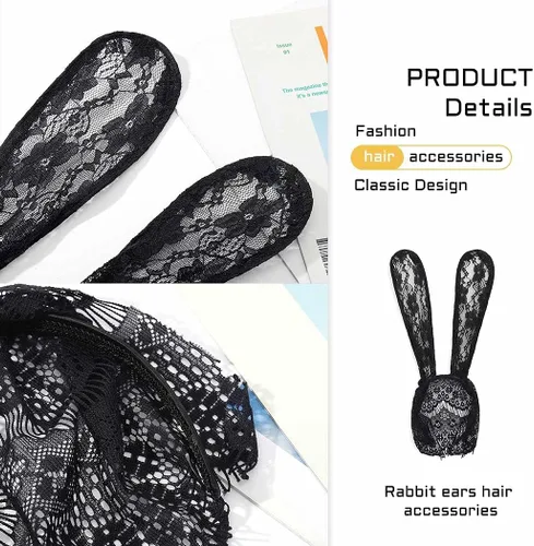 Vista 6 de EVILD Diadema negra con orejas de conejo de encaje, decoración de fiesta, banda para el cabello