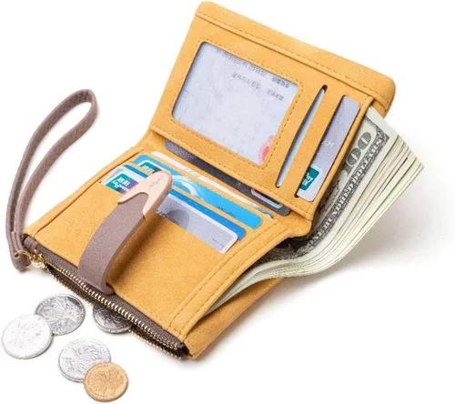 Vista 2 de Carteras para mujer, Rfid, pequeña, compacta, plegable, corta, con cremallera, monedero