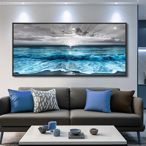 Vista 13 de ERQINHUA Gran decoración de pared para sala de estar, arte de pared en lienzo para restaurante, decoraciones para oficina, pinturas de mar azul