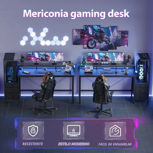 Vista 3 de Mericonia Escritorio para juegos de 52 pulgadas con cajones, escritorio reversible para computadora, color negro