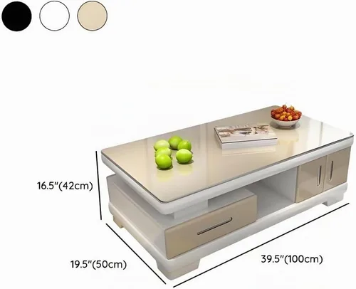 Vista 2 de RUNNUP Mesa de centro rectangular moderna de vidrio con base de madera blanca y almacenamiento de 2 niveles, mesa central de sofá para sala de Beige