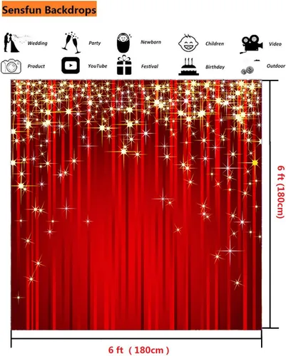 Vista 3 de Sensfun 6x6 pies Telón de fondo rojo con estrellas de Navidad, purpurina dorada, estrella de fotografía, fondo de foto con serpentina roja, telones