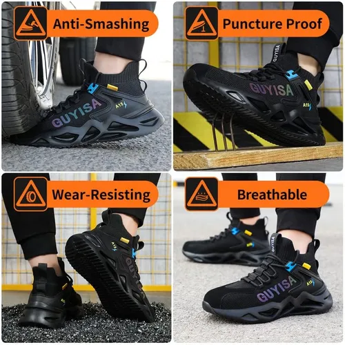 Vista 7 de LAoutun Zapatos de punta de acero para hombre, zapatos de construcción industrial, de corte medio, botas industriales, zapatos de trabajo cómodos
