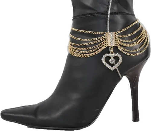 Vista 7 de TFJ - Pulsera de cadena para botas de moda occidental para mujer, diseño de metal dorado, con dije de corazón