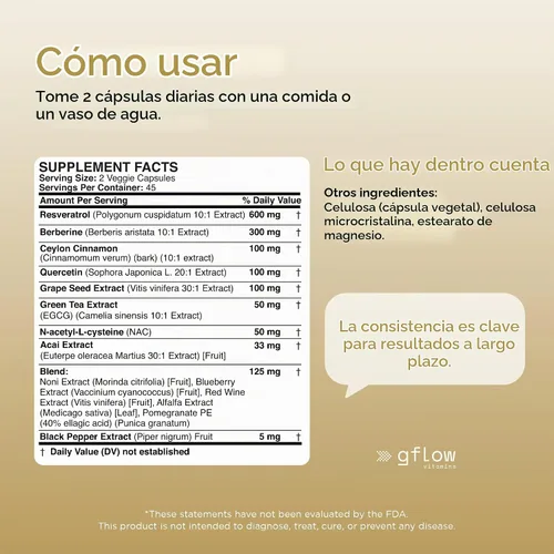 Vista 7 de gflow vitamins Suplemento de Resveratrol con Berberina, Extracto de Té Verde, Canela de Ceilán, Semilla de Uva y Quercetina 1000mg de Quercetina, N
