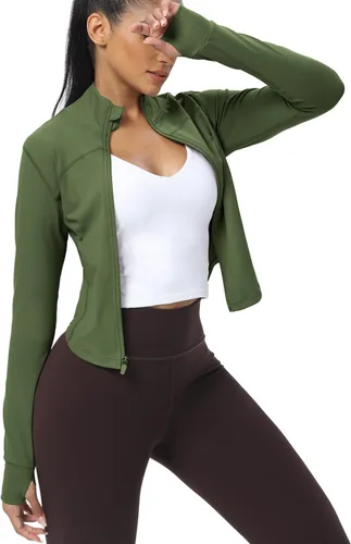 Vista 71 de AVGO Chaquetas de entrenamiento recortadas para mujer, con cremallera, ajustadas, atléticas, con agujeros para el pulgar