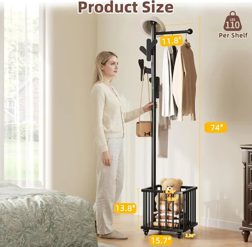 Vista 2 de CozyDH Perchero de madera con cesta de almacenamiento y ruedas, perchero independiente con 8 ganchos, moderno perchero para entrada, dormitorio