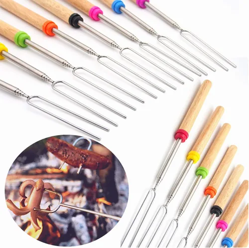 Vista 3 de Marshmallow - Palos de asado con mango de madera, tenedores telescópicos de 32 in con bolsa portátil para fogata de perro caliente