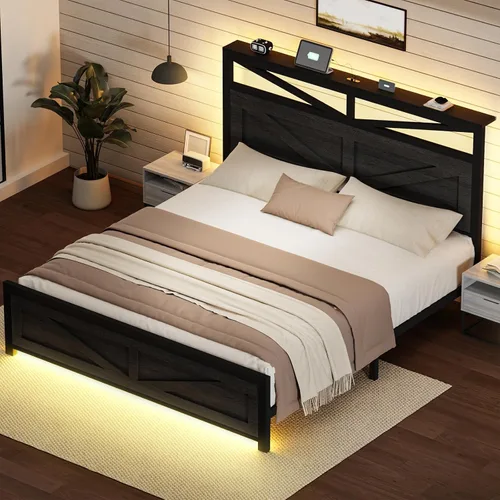 Vista 8 de Marco de cama rústico de tamaño completo con cabecera de puerta de granero y almacenamiento, marco de cama LED estilo granja de tamaño completo