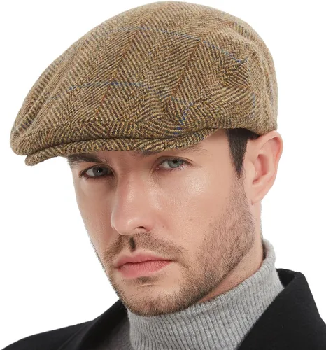 Vista 4 de Gorras de Newsboy para hombre, mezcla de lana de tweed clásica, sombrero de hiedra, pata de gallo, espiga, a cuadros, sombrero de copa plana unisex