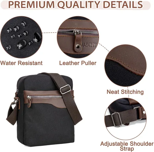 Vista 2 de VASCHY Bolsa de mensajero pequeña, bolso cruzado de lona de cuero vintage para hombres y mujeres para trabajoviajes