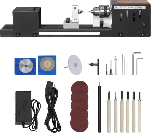 Vista 9 de VEVOR Mini máquina de torno, 7 cm x 16 cm, Mini herramientas de torno para madera de 24VDC 96W, accesorios de máquina de fresado, 7 velocidades