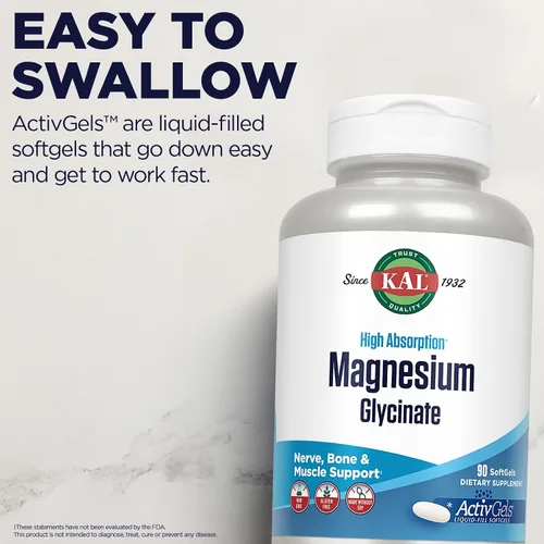 Vista 5 de KAL Glicinato de magnesio ActivGels 315 mg, suplemento de magnesio de alta absorción para apoyo a la salud muscular, nerviosa y ósea, sin OMG, sin