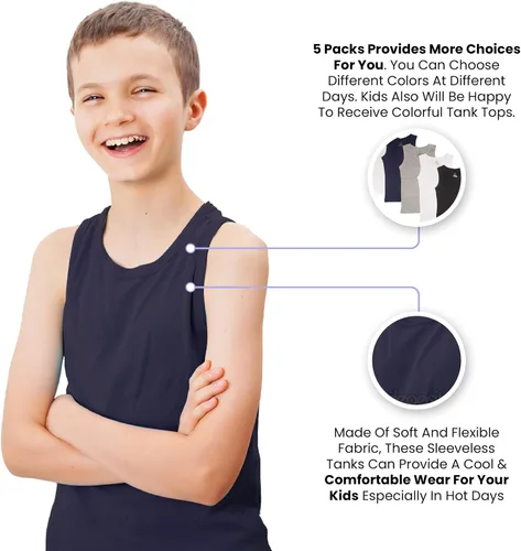 Vista 4 de Studio 3 Paquete económico de camisetas sin mangas de punto acanalado para niños pequeños y grandes, camisetas de cuello redondo para uso diario