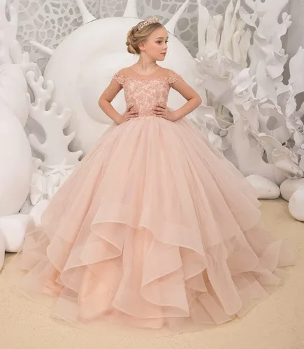 Vista 3 de Uzqast Lace Appliques Flower Girls Dresses Tulle Short Sleeves Princess Long Wedding Pageant Ball Gown Dress for Girls