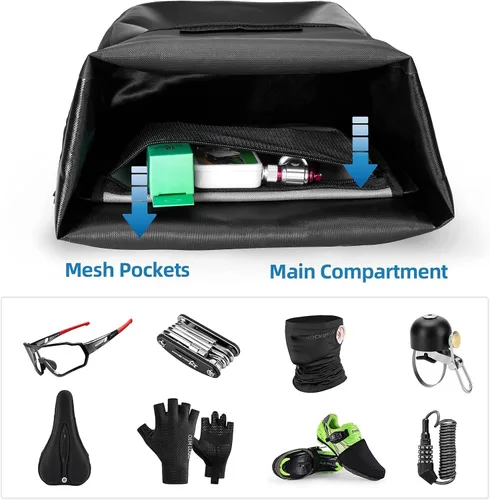 Vista 5 de ROCKBROS Bolsa de alforjas delanteras enrollables Bolsa de rack frontal para bicicleta Paquete de estante resistente con asa de transporte y correa