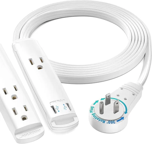 Vista 20 de Maximm Cable de extensión de 1 pie con puertos USB, enchufe plano giratorio 360, 3 salidas (2 puertos USB), conectado a tierra (negro)