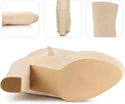 Vista 3 de Perphy Botas altas de tacón grueso sobre la rodilla para mujer Beige