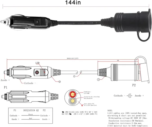 Vista 2 de Cable de extensión para encendedor de cigarrillos de 12 V, 12 pies, cargador de automóvil, enchufe macho a enchufe hembra, cable de extensión