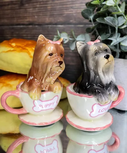 Vista 9 de Ebros - Juego de salero y pimentero de cerámica de Yorkshire Terriers Yorkie de cerámica con tazas de té, juego de salero y pimentero, figuras