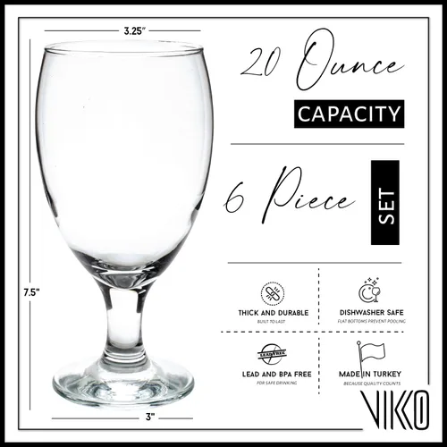 Vista 4 de Vikko Classic Goblet - Vasos de fiesta de 20 onzas, juego de 6, cristalería duradera apta para lavavajillas