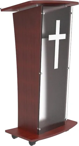 Vista 3 de FixtureDisplays® Podio Chruch de madera con panel frontal de acrílico escarchado, atril de púlpito de 46.5 pulgadas de alto con decoración de cruz