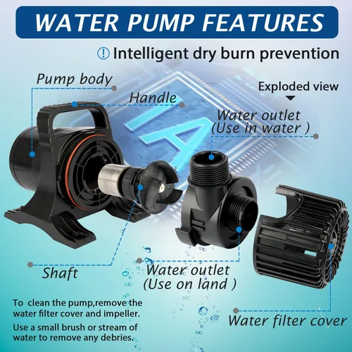 Vista 5 de WaterRebirth PS-1700 Bomba de agua sumergible de alto flujo, para estanques, fuentes de agua y acuarios, 1700 gph-120 W, con certificación UL