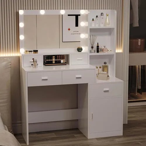 Vista 5 de Escritorio de tocador con luces, juego de mesa de tocador de maquillaje con 5 cajones, tocador de maquillaje blanco con espejo iluminado, 3 modos