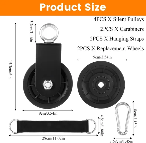Vista 2 de Paquete de 4 ruedas de polea de cable silenciosas, sistema de polea de gimnasio resistente de 3.543 in con rotación de 360°, rodamientos de acero