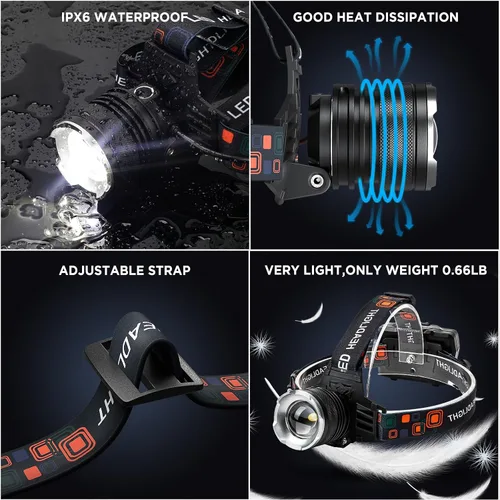 Vista 6 de NJ FOREVER - Linterna frontal LED recargable, 3000 lúmenes, súper brillante, con 5 modos, ajustable a 90°, recargable por USB, impermeable
