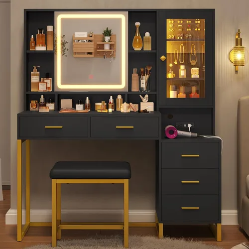 Vista 10 de BTHFST Tocador de maquillaje con taburete tapizado y estación de carga, escritorio con espejo y luces, juego de mesa de tocador con almacenamiento