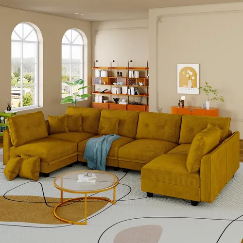 Vista 36 de LLappuil Sofá Seccional Modular con Asientos de Almacenamiento, Sofá Modular Convertible de Pana Chaise para Sala de Estar, Sofás de 5 Plazas con 3