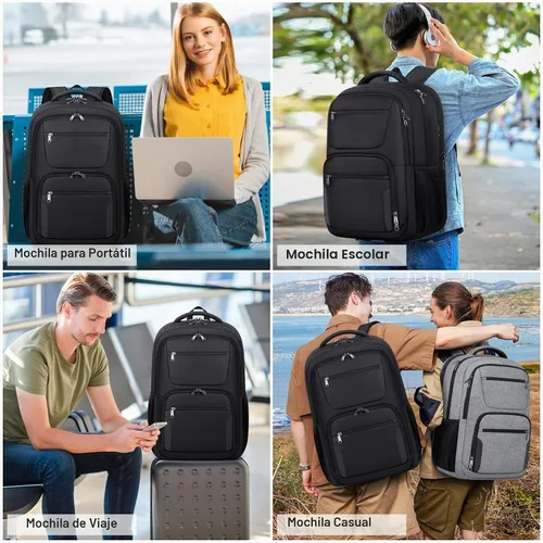Vista 7 de Mochila de viaje para laptop de 17 pulgadas, extra grande, con orificio de carga USB, 45L, antirrobo, resistente al agua, bolsa para computadora
