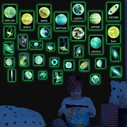 Vista 3 de Calcomanía de pared que brilla en la oscuridad, estrellas y planetas para techo, galaxias luminosas, sistema solar, decoración espacial, planetas