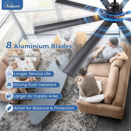 Vista 3 de Sofucor - Ventilador de techo inteligente de 84 pulgadas con luz, ventilador de techo negro para exteriores con 8 aspas de aluminio, funciona