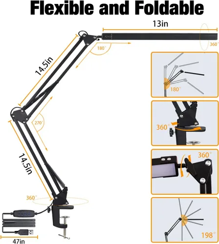 Vista 4 de Lámpara de escritorio LED, lámpara de escritorio con brazo oscilante con abrazadera, 3 modos, 10 niveles de brillo para arquitecto infantil, función