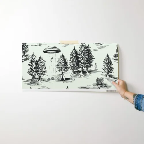 Vista 7 de Spoonflower Papel Tapiz Despegar y Pegar Muestra - OVNI Grande Negro Toile De Jouy Abducción Alienígena Espacio Acampada Papel Tapiz Removible