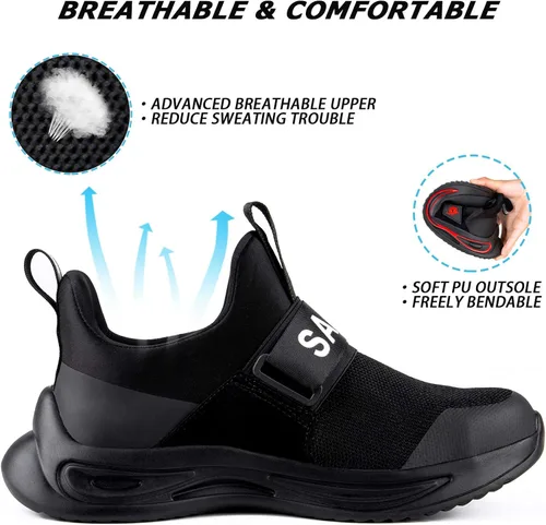 Vista 4 de Zapatos de punta de acero para hombres y mujeres, cómodos zapatos de seguridad transpirables e indestructibles, zapatos de trabajo ligeros
