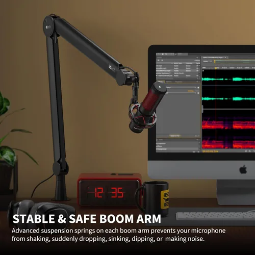 Vista 7 de IXTECH - Brazo de micrófono premium con soporte de escritorio, giratorio de 360°, totalmente ajustable, para podcast, video, juegos, radio, estudio